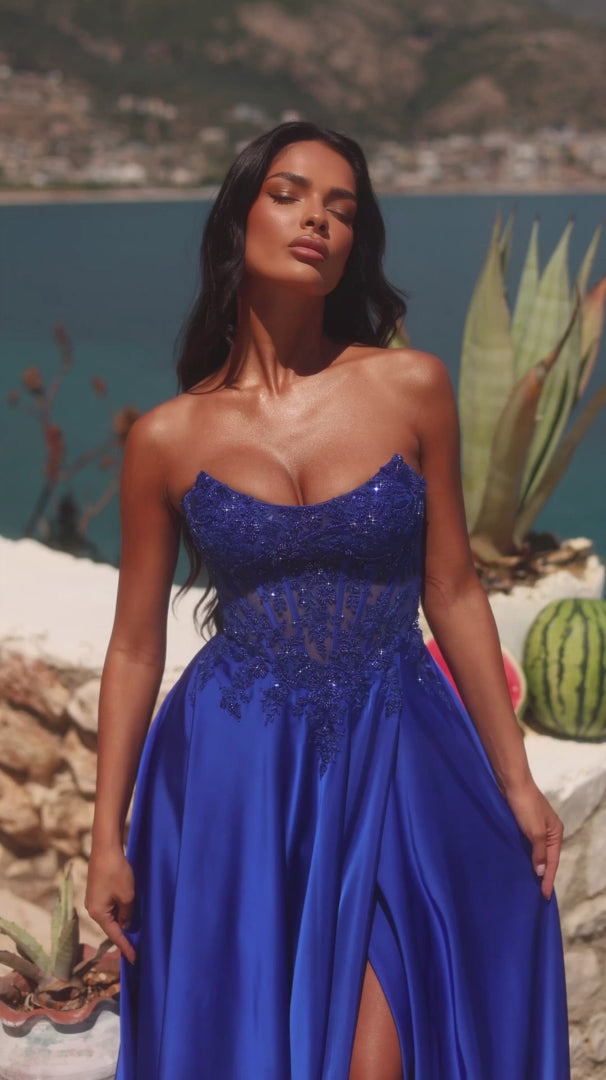 Amarra 89628 Beaded Lace Corset Satin A-Line Gown with High Slit