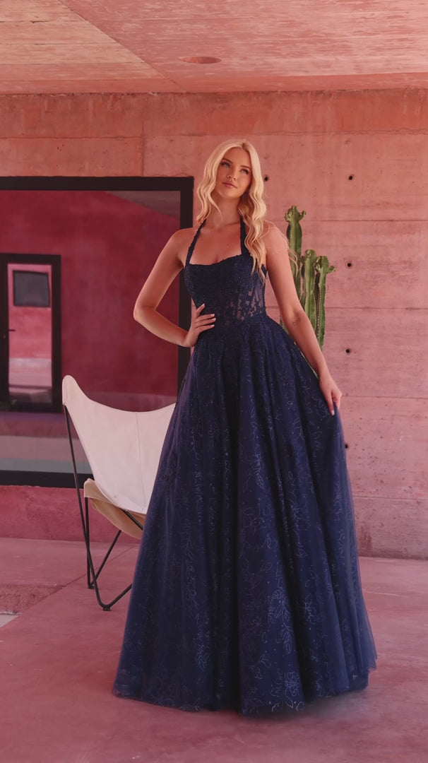 Amarra 89685 Floral Lace Halter Corset Glitter Tulle Ball Gown