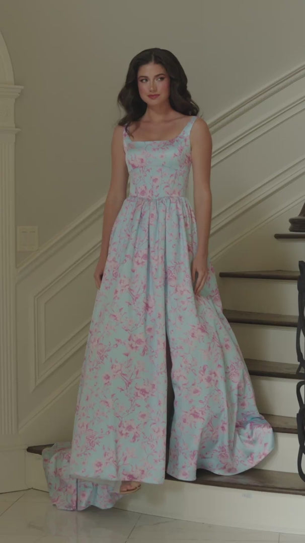 Colors Dress 3996 Square-Neck Floral Print Corset A-Line Prom Dress with High Slit