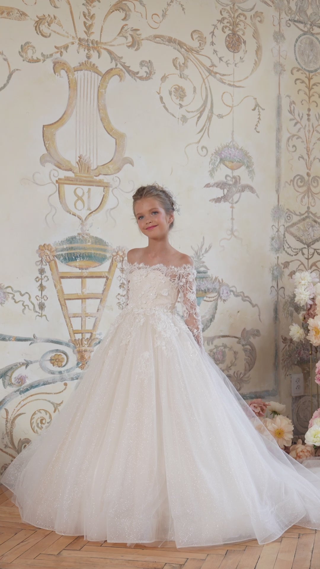 Pentelei 3844 Off Shoulder Long Sleeves Glitter Tulle Kids Dress