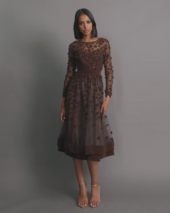 Mac Duggal 67007 Embellished Long Sleeve Velvet Trim A-Line Midi Dress video