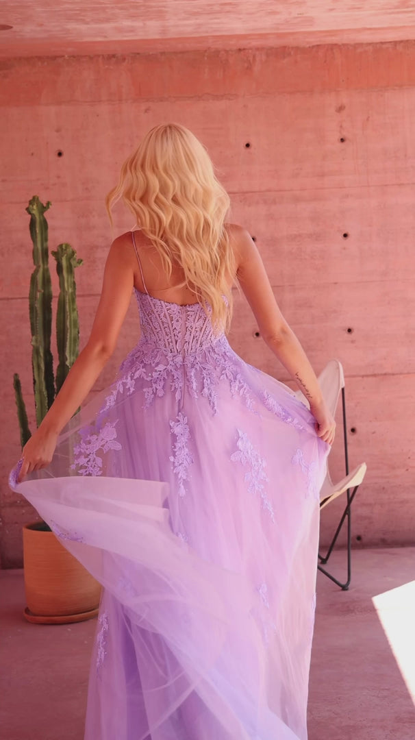 Amarra 89693 Beaded Floral Lace Corset Tulle A-Line Gown with High Slit