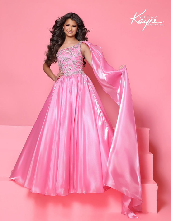 Sugar Kayne C417 one-shoulder cape girls ball gown alternate color front view 2