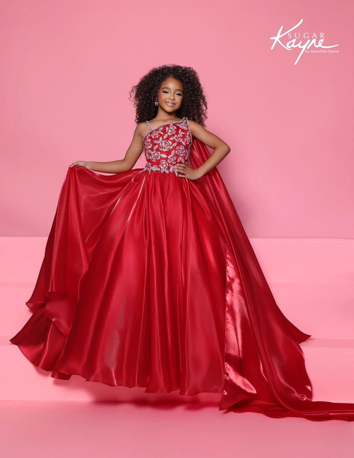 Sugar Kayne C417 one-shoulder cape girls ball gown alternate color front view 4