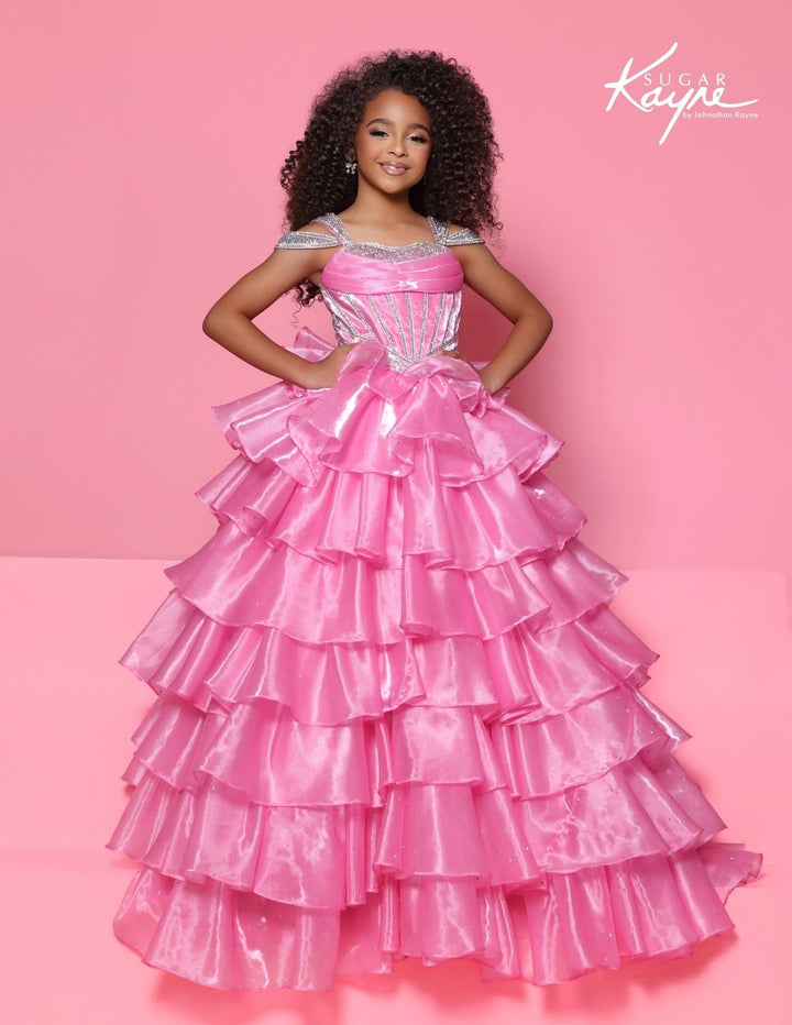 Sugar Kayne C418 off-the-shoulder tiered girls ball gown front view
