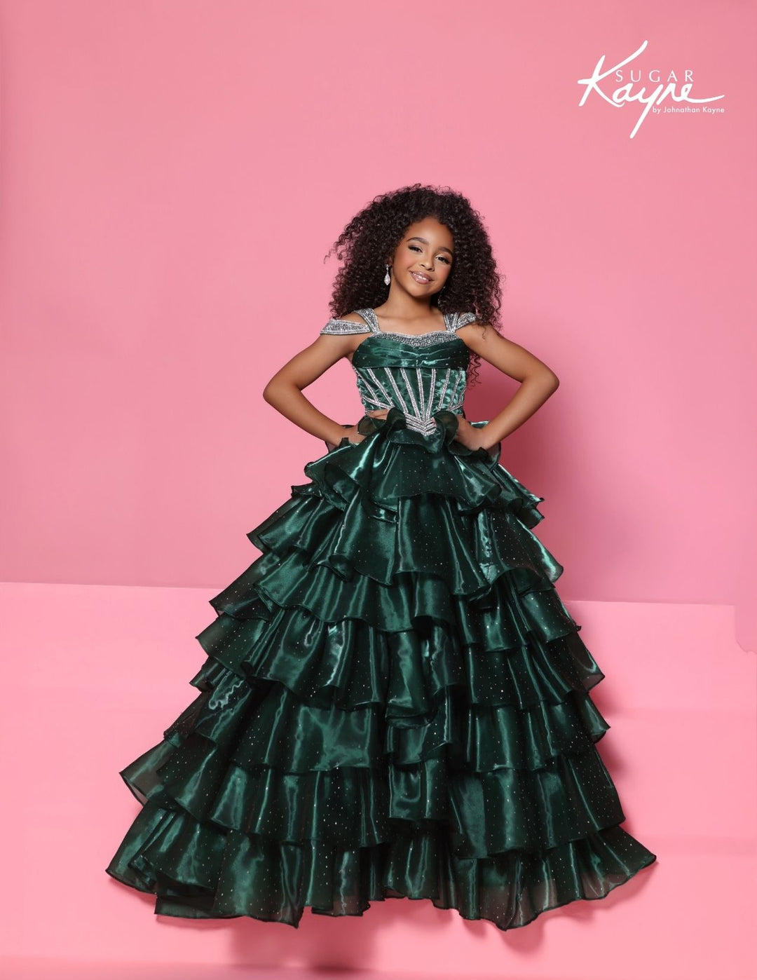 Sugar Kayne C418 off-the-shoulder tiered girls ball gown alternate color front view 2