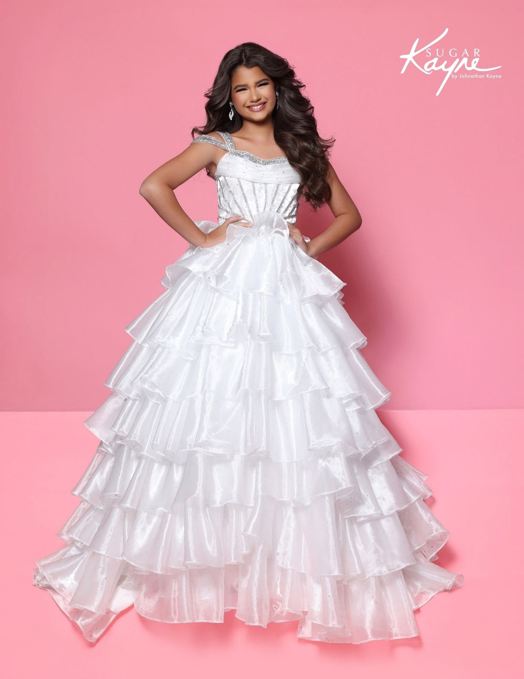 Sugar Kayne C418 off-the-shoulder tiered girls ball gown alternate color front view 3