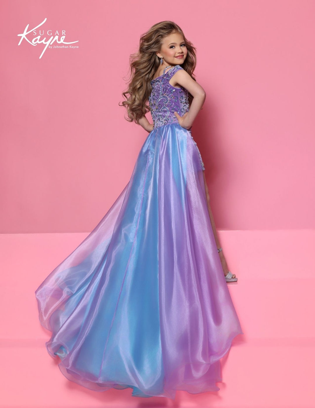 Sugar Kayne C420 off-the-shoulder beaded girls pageant romper with overskirt back view