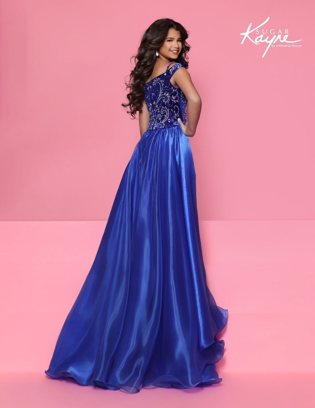 Sugar Kayne C420 off-the-shoulder beaded girls pageant romper with overskirt back view, alternate color