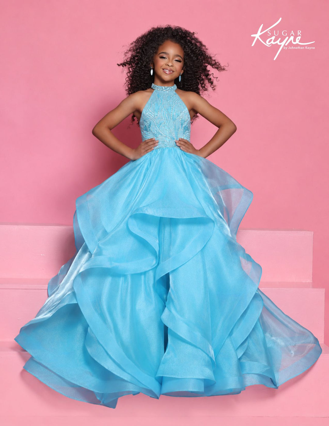 Sugar Kayne C429 halter ruffle girls pageant ball gown alternate color front view 2