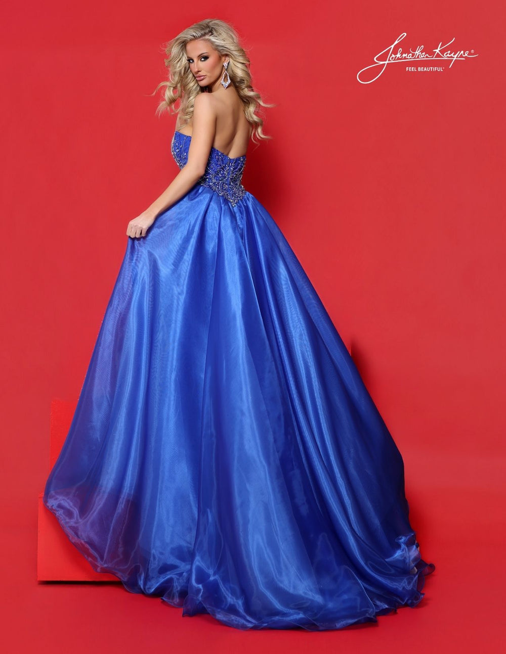 Johnathan Kayne 3322 strapless beaded pageant gown with overskirt back view