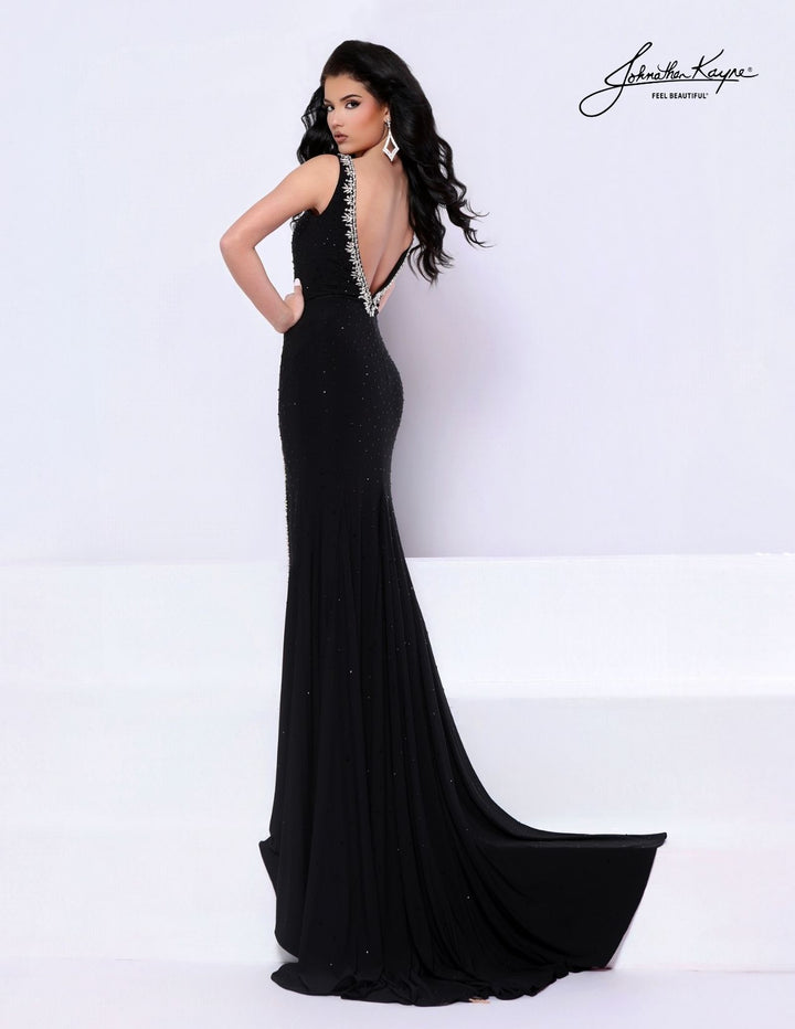 Johnathan Kayne 3336 plunging pageant gown with slit and train back view