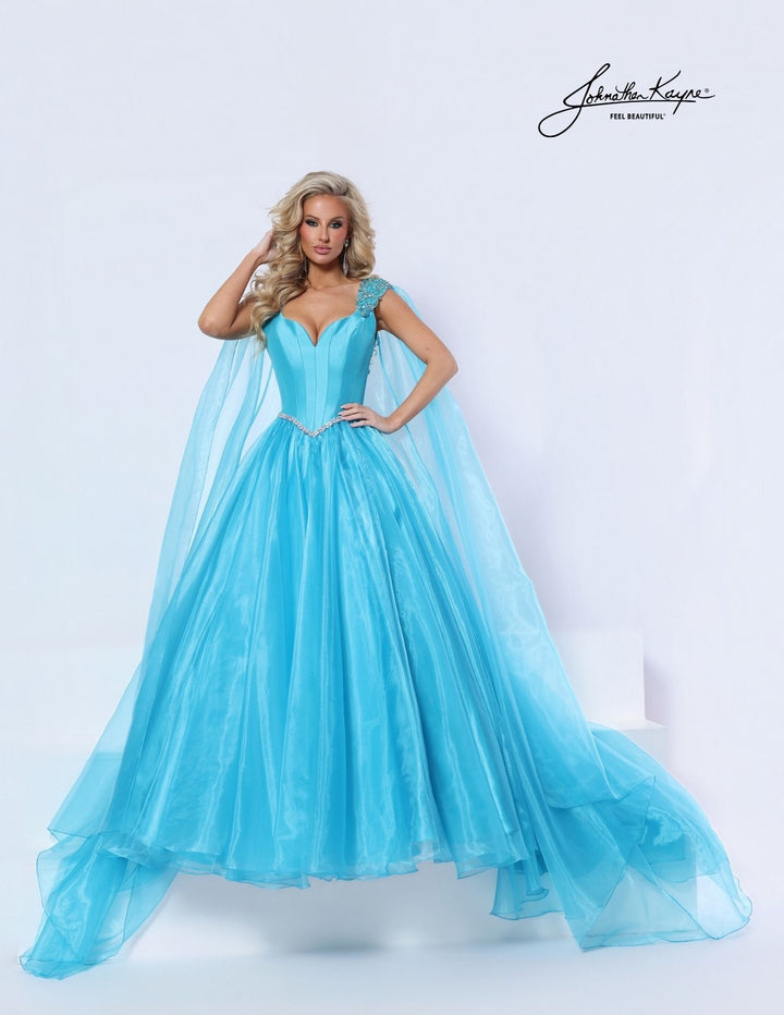 Johnathan Kayne 3341 basque waist ball gown with detachable cape front view