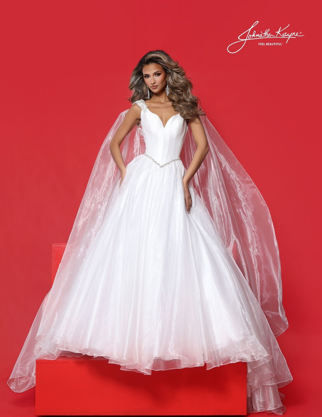 Johnathan Kayne 3341 basque waist ball gown with detachable cape alternate color front view 3