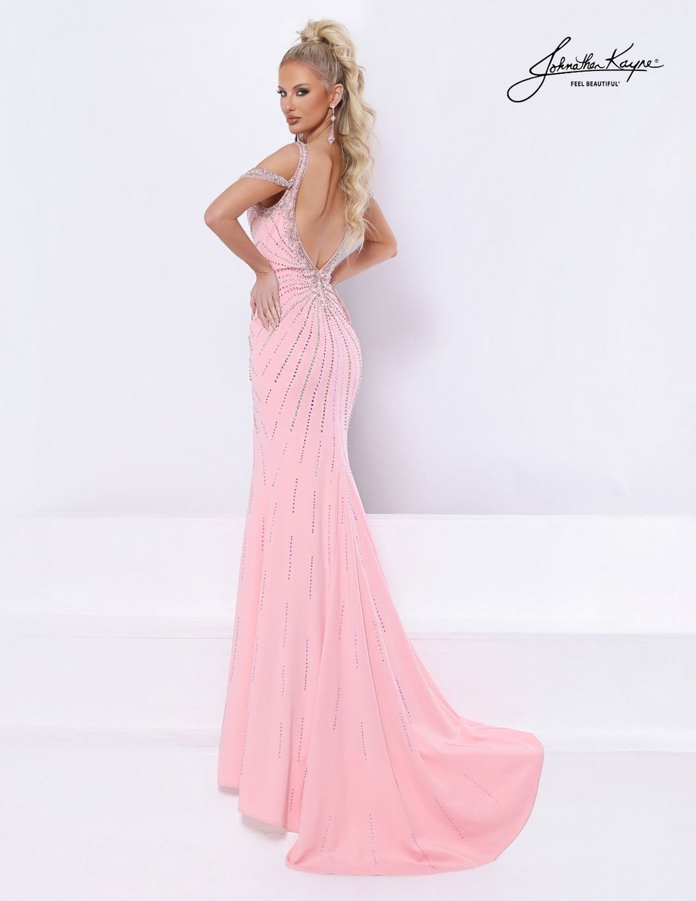 Johnathan Kayne 3353 plunging fit and flare prom dress back view