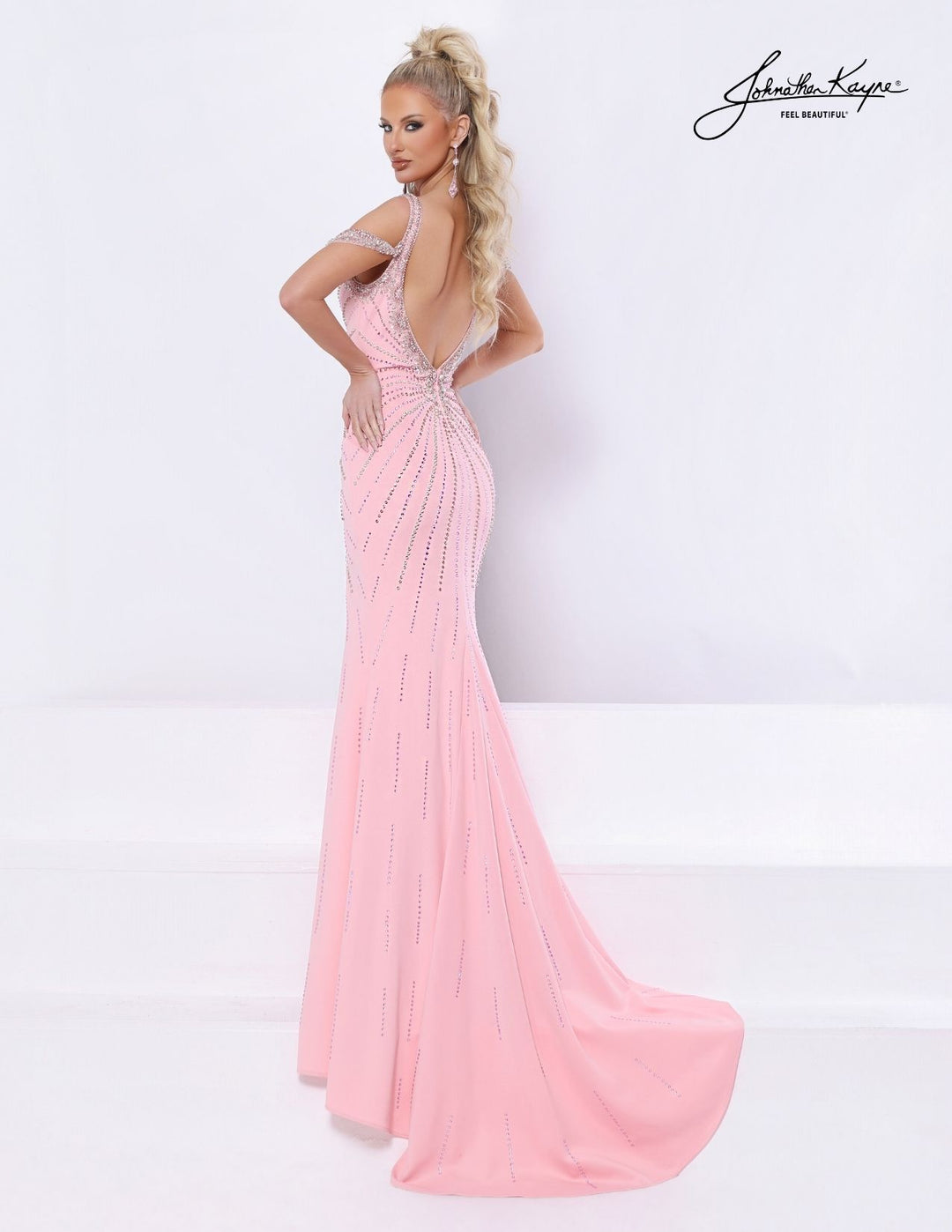 Johnathan Kayne 3353 plunging fit and flare prom dress back view