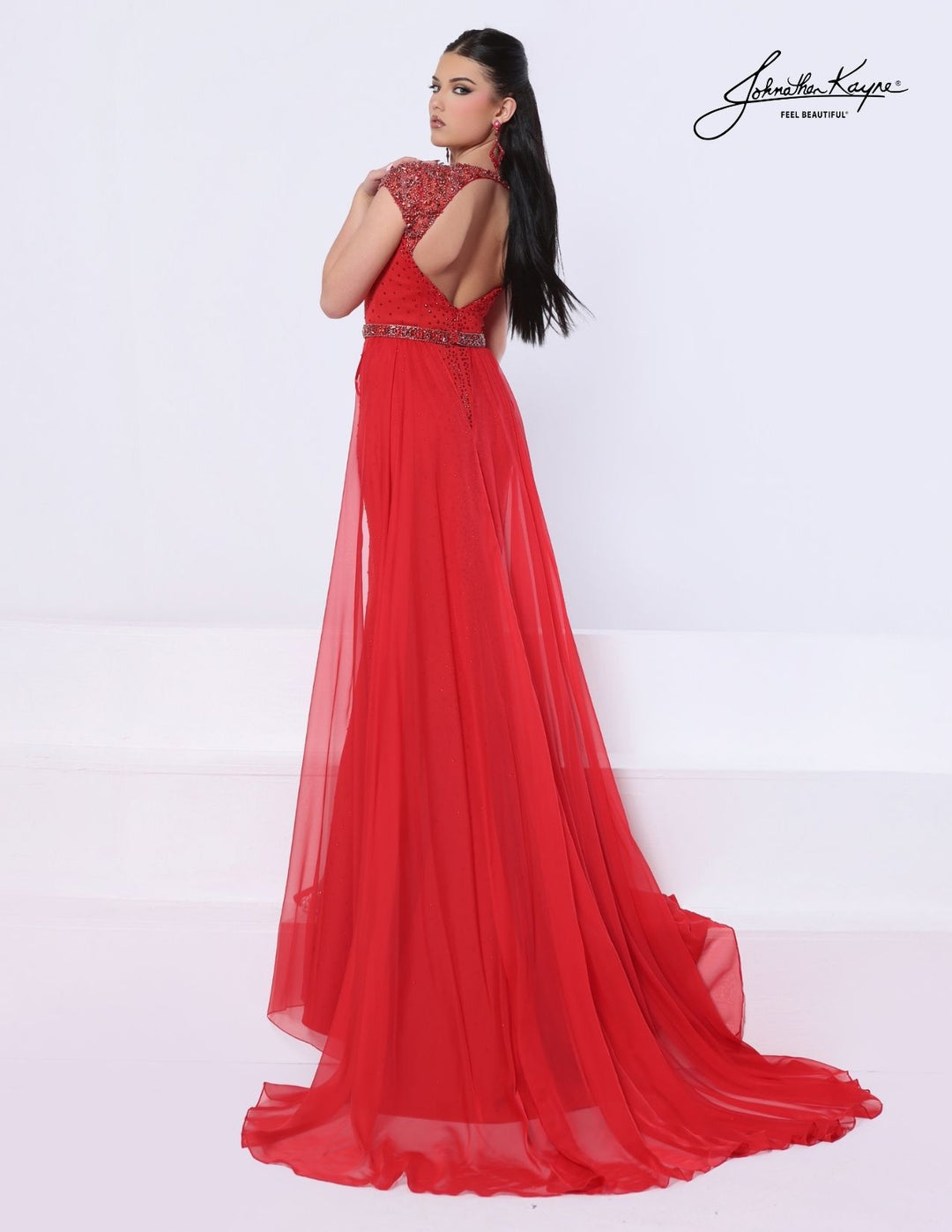 Johnathan Kayne 3364 cap sleeve pageant gown with detachable overskirt back view