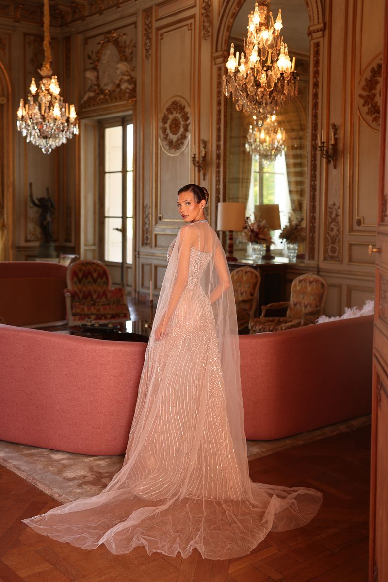 Chic & Holland HF110610 Sweetheart Keyhole Illusion Neckline Linear Beaded Matching Cape Couture Dress
