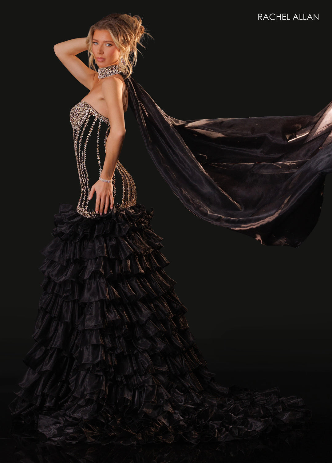 Rachel Allan 50429 Beaded Corset High-Low Pageant Dress with Cape - FOSTANI.com