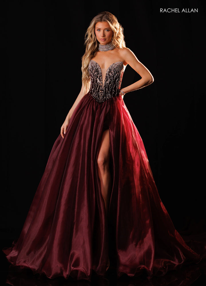Rachel Allan 50434 Plunging Beaded Corset A-Line Pageant Dress - FOSTANI.com