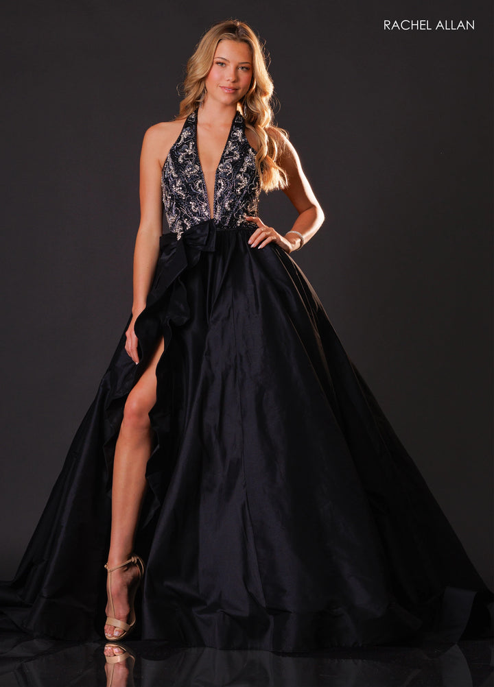 Rachel Allan 50447 Plunging Halter Ball Gown Pageant Dress with Bow - FOSTANI.com