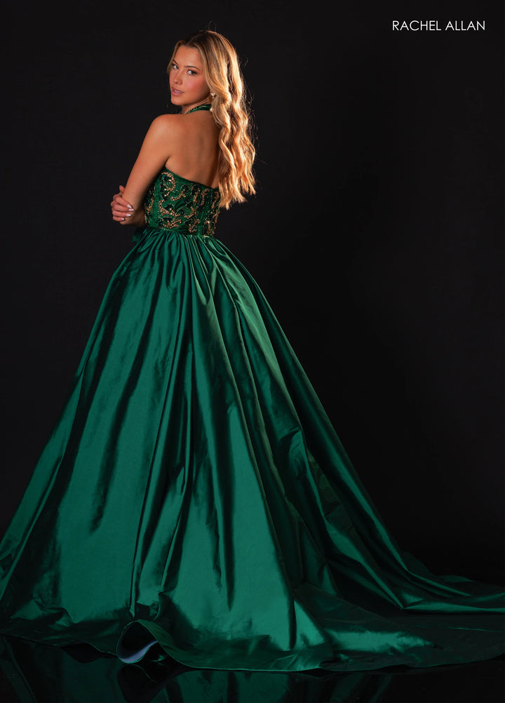 Rachel Allan 50447 Plunging Halter Ball Gown Pageant Dress with Bow - FOSTANI.com