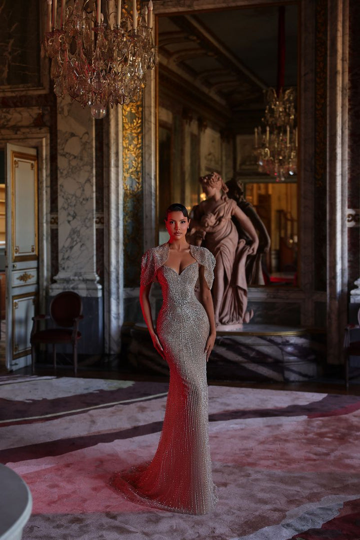 Chic & Holland HF110622 Sweetheart Neckline Fully Linear Beaded Sheath Matching Capelet Couture Dress