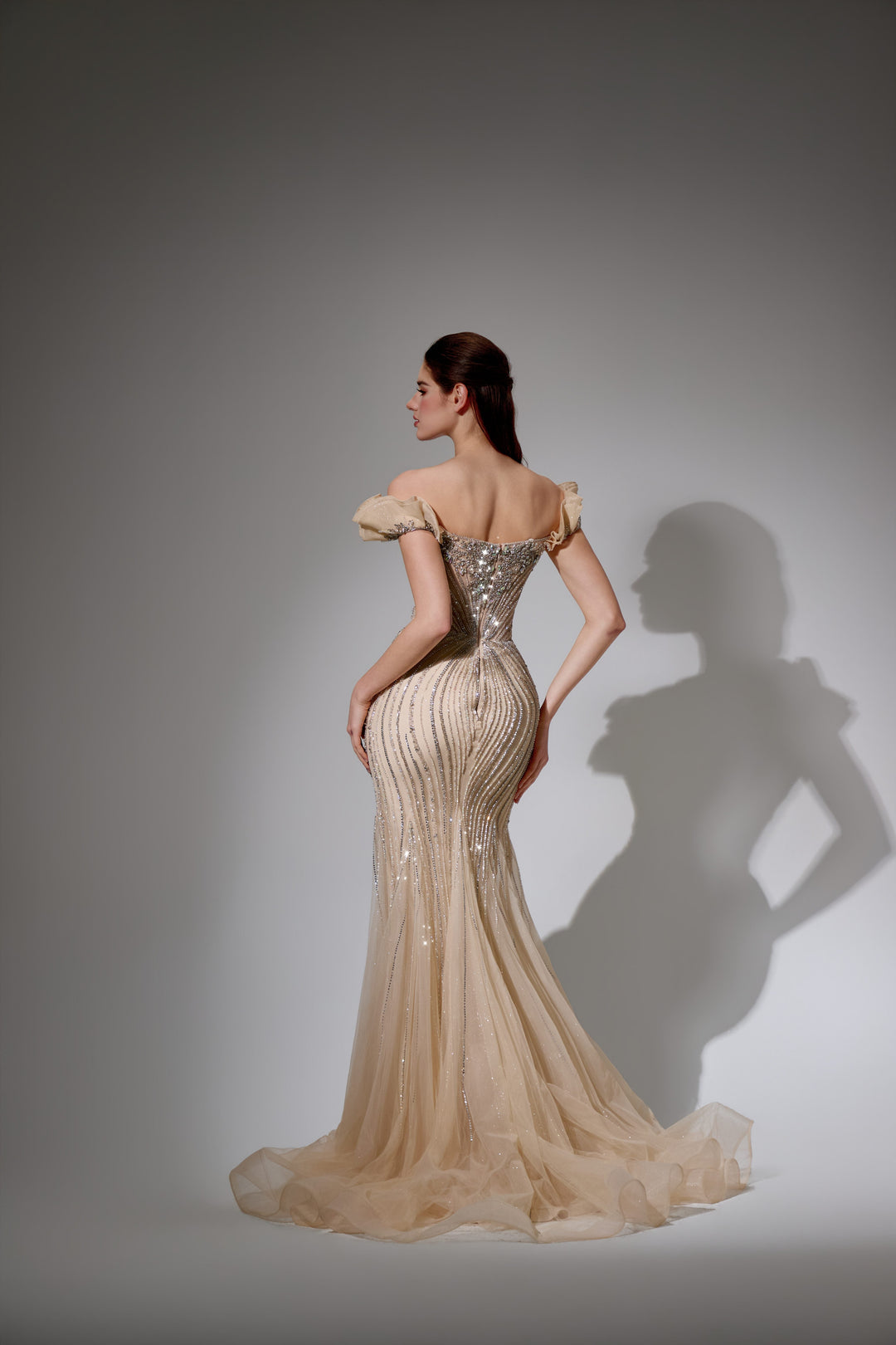 Delilah SH11602 Off-the-Shoulder Ruffle Plunging Corset Mermaid Gown - Champagne back view
