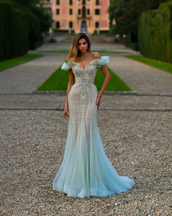 Delilah SH11602 Off-the-Shoulder Ruffle Plunging Corset Mermaid Gown - Mint front view