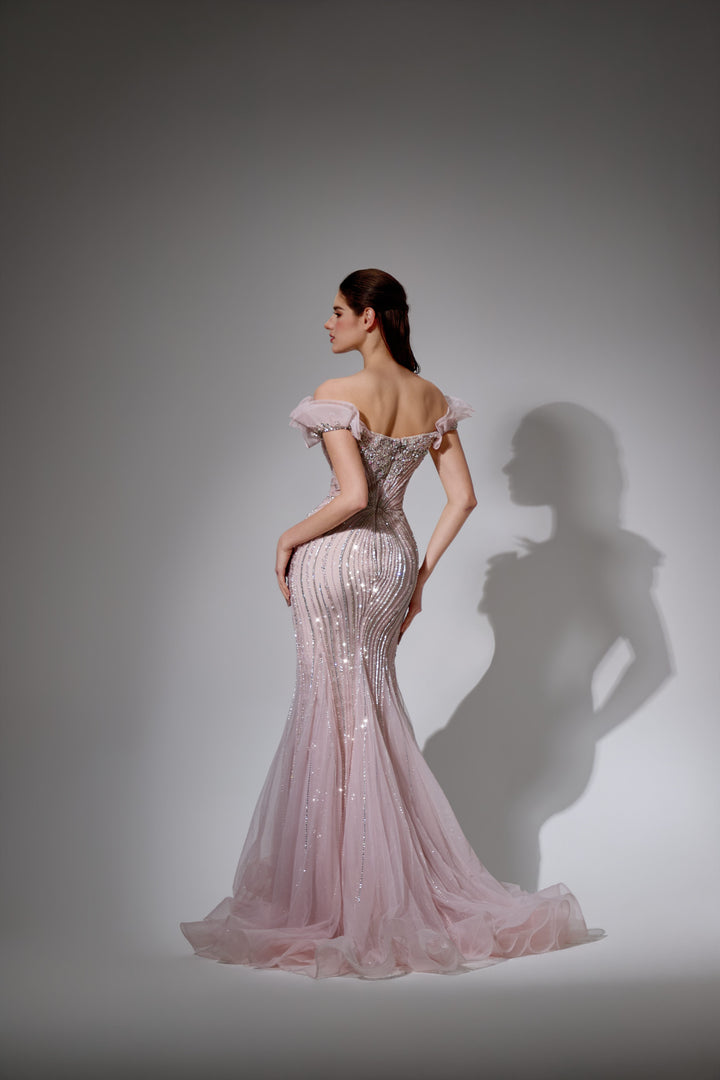 Delilah SH11602 Off-the-Shoulder Ruffle Plunging Corset Mermaid Gown - Pink back view