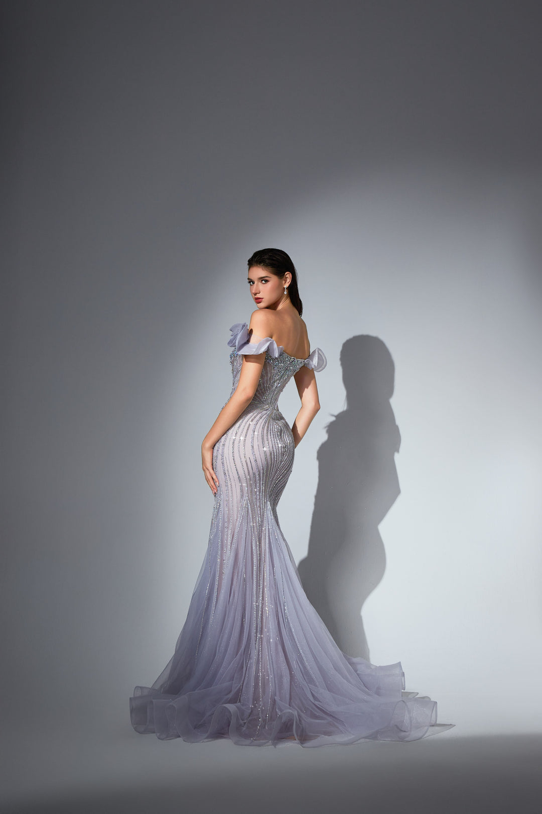 Delilah SH11602 Off-the-Shoulder Ruffle Plunging Corset Mermaid Gown - Lavender back view
