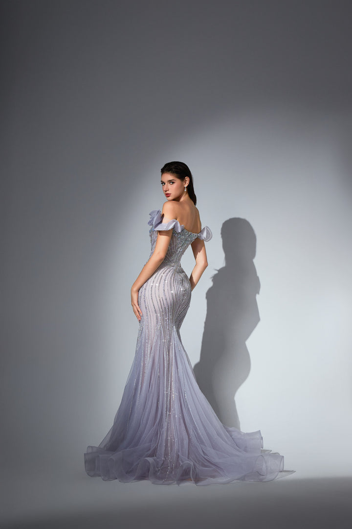 Delilah SH11602 Off-the-Shoulder Ruffle Plunging Corset Mermaid Gown - Lavender back view