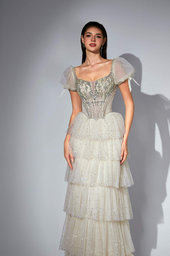 Delilah SH11607 Beaded Corset Gown with Puff Sleeves and Tiered Ruffle Skirt - White close-up view
