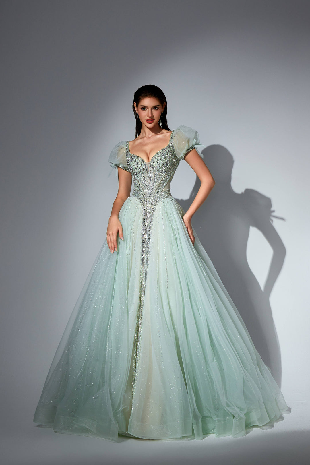 Delilah SH11608 Plunging Beaded Corset Ball Gown with Puff Sleeves - Mint front view