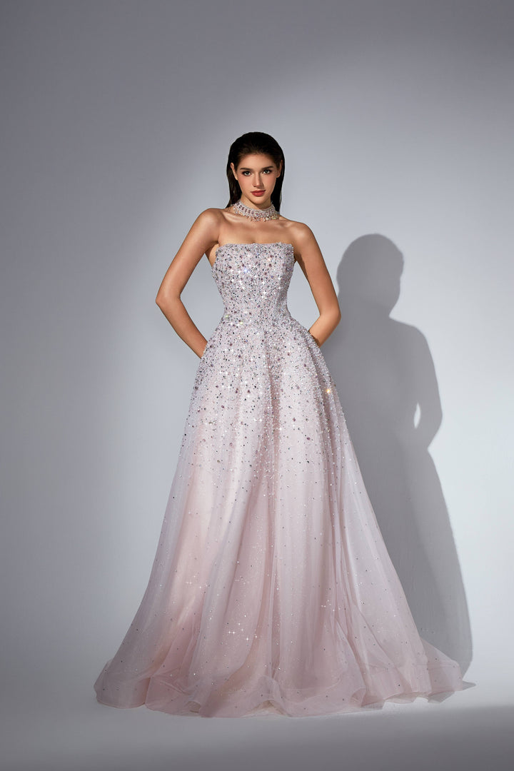 Delilah SH12020 Strapless Sequin Bodice A-Line Gown with Sparkle Skirt - Pink front view