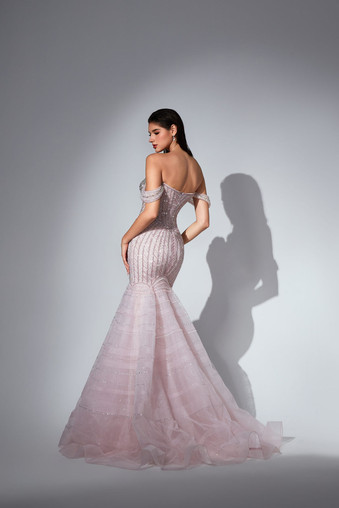 Delilah SH12043 Off-the-Shoulder Crystal Cup Corset Mermaid Gown with Tiered Hem - Pink back view