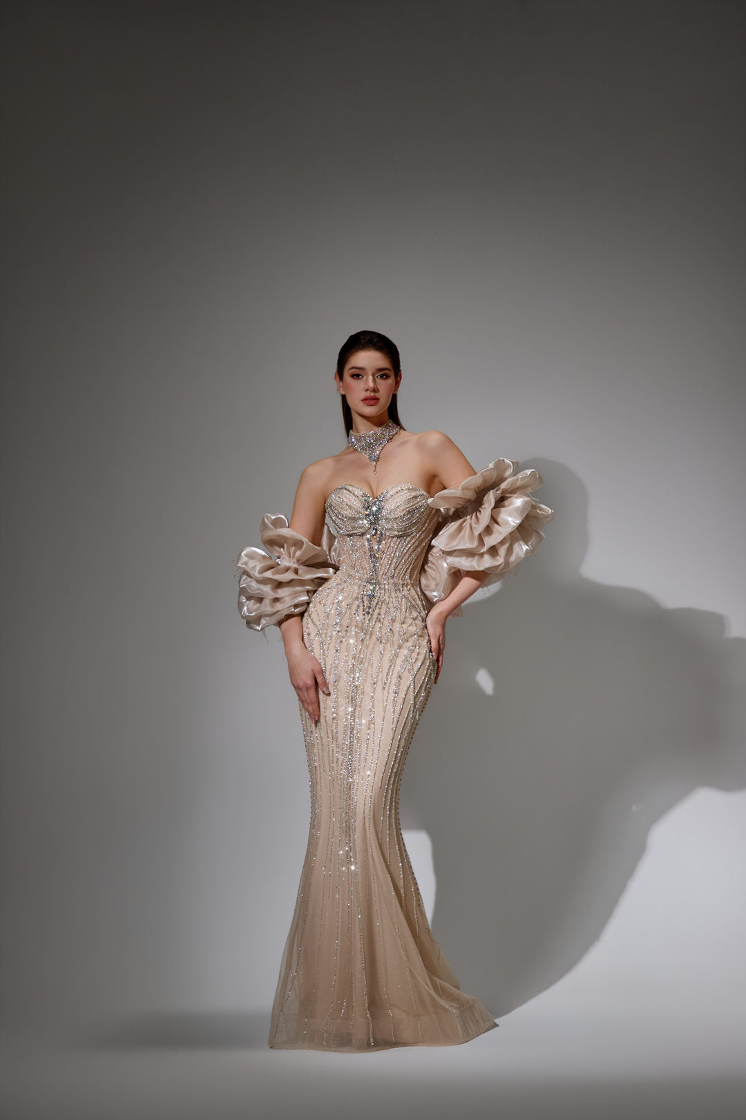 Delilah SH12049 Strapless Sweetheart Beaded Corset Mermaid Gown with Ruffled Arm Puffs - Champagne front view