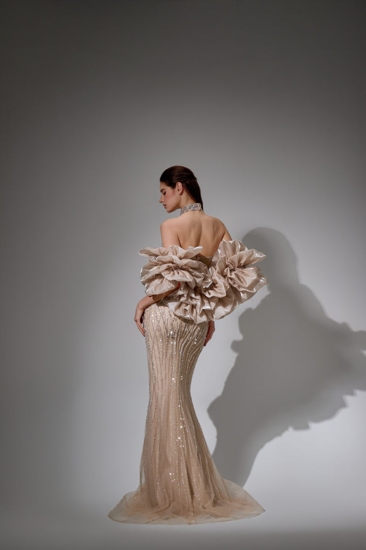 Delilah SH12049 Strapless Sweetheart Beaded Corset Mermaid Gown with Ruffled Arm Puffs - Champagne back view