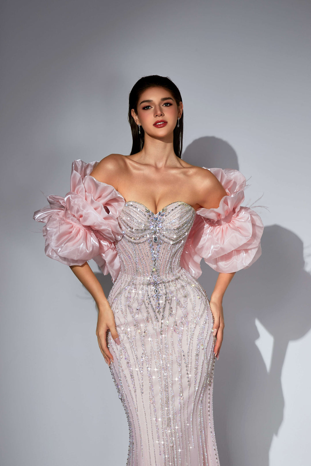 Delilah SH12049 Strapless Sweetheart Beaded Corset Mermaid Gown with Ruffled Arm Puffs - Pink close-up view