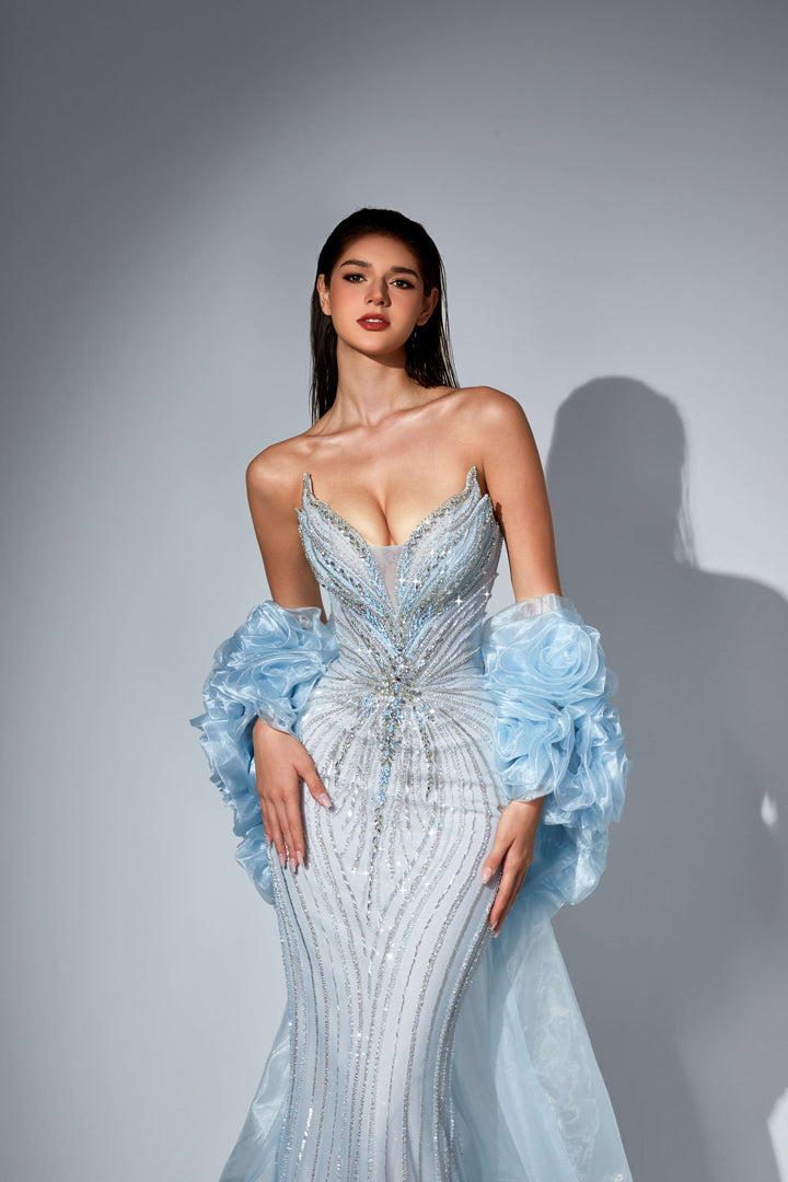 Delilah SH12052 Plunging Beaded Corset Mermaid Gown with Rosette Arm Puffs and Overskirt - Blue front view