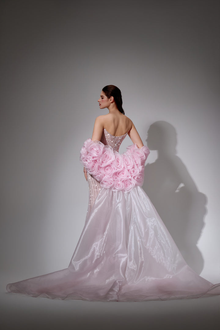 Delilah SH12052 Plunging Beaded Corset Mermaid Gown with Rosette Arm Puffs and Overskirt - Pink back view