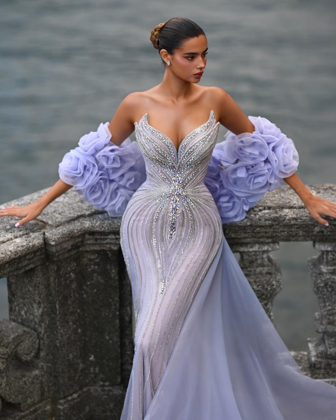 Delilah SH12052 Plunging Beaded Corset Mermaid Gown with Rosette Arm Puffs and Overskirt - Lavender close-up view