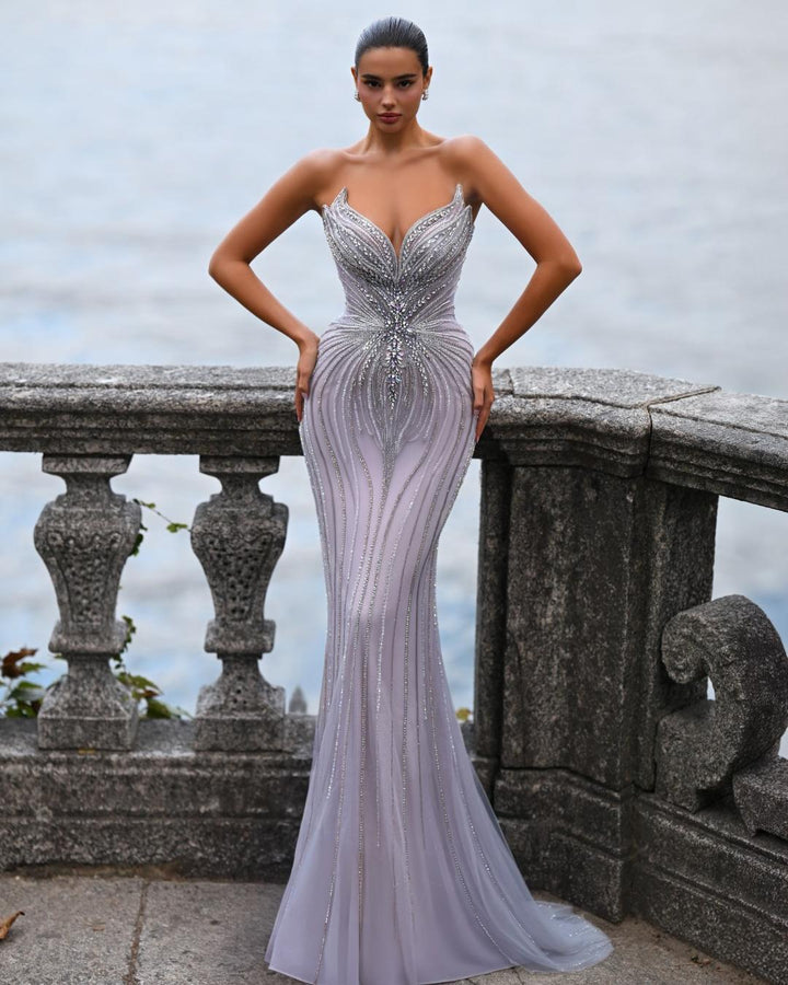 Delilah SH12052 Plunging Beaded Corset Mermaid Gown with Rosette Arm Puffs and Overskirt - Lavender front view