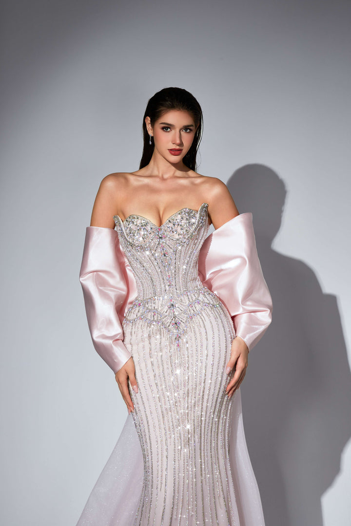 Delilah SH12053 Strapless Crystal Cup Corset Mermaid Gown with Statement Back Bow and Overskirt - Pink close-up view