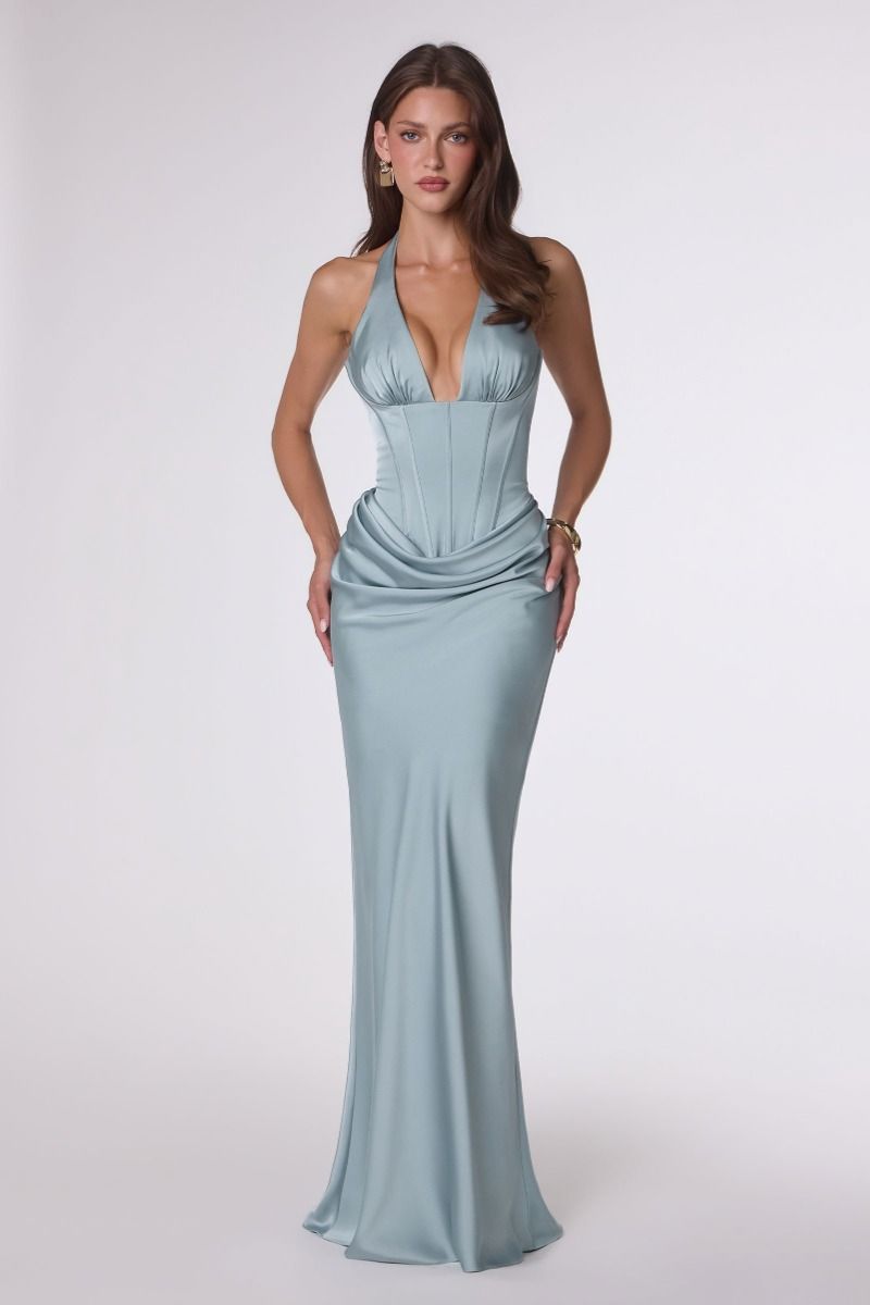 Amoris T743 Halter Neck Corset Column Dress with Draped Waist and Lace-Up Back