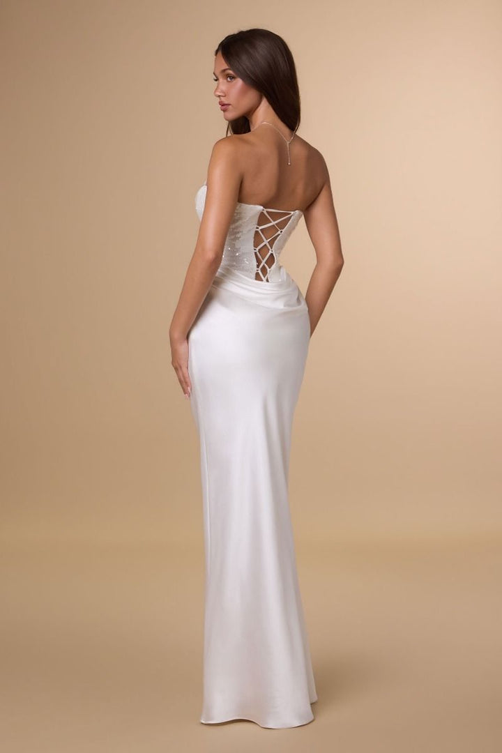 Amoris T744W Strapless Sequin Corset Mermaid Bridal Dress with Draped Waist and Lace-Up Back