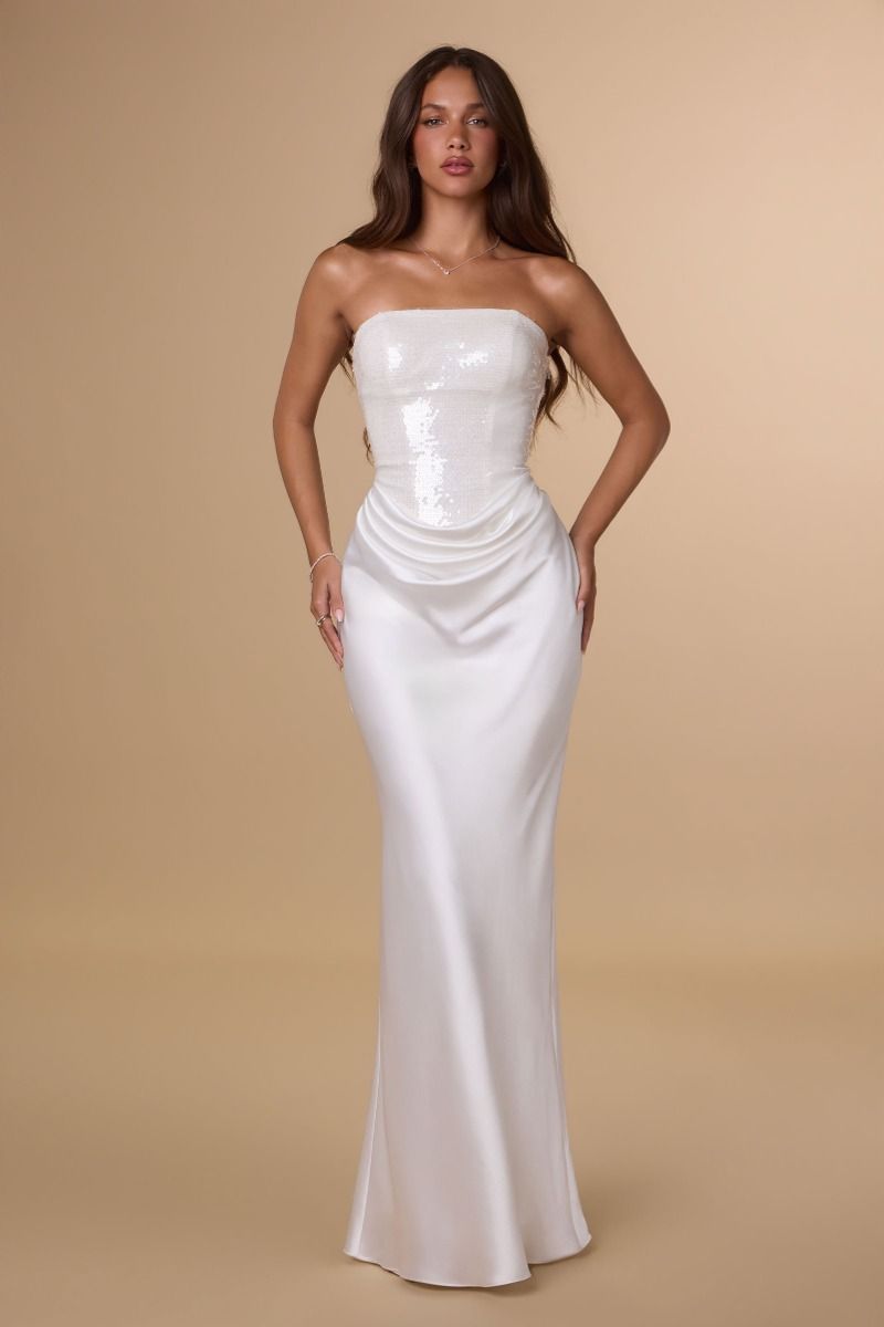 Amoris T744W Strapless Sequin Corset Mermaid Bridal Dress with Draped Waist and Lace-Up Back