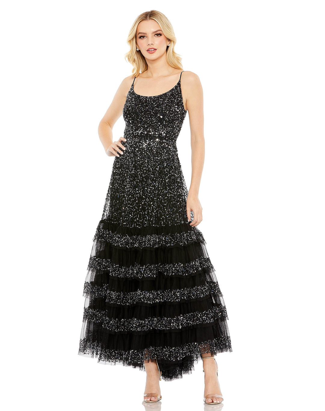 Embellished Scoop Neck Tiered Gown - EVENING FOSTANI
