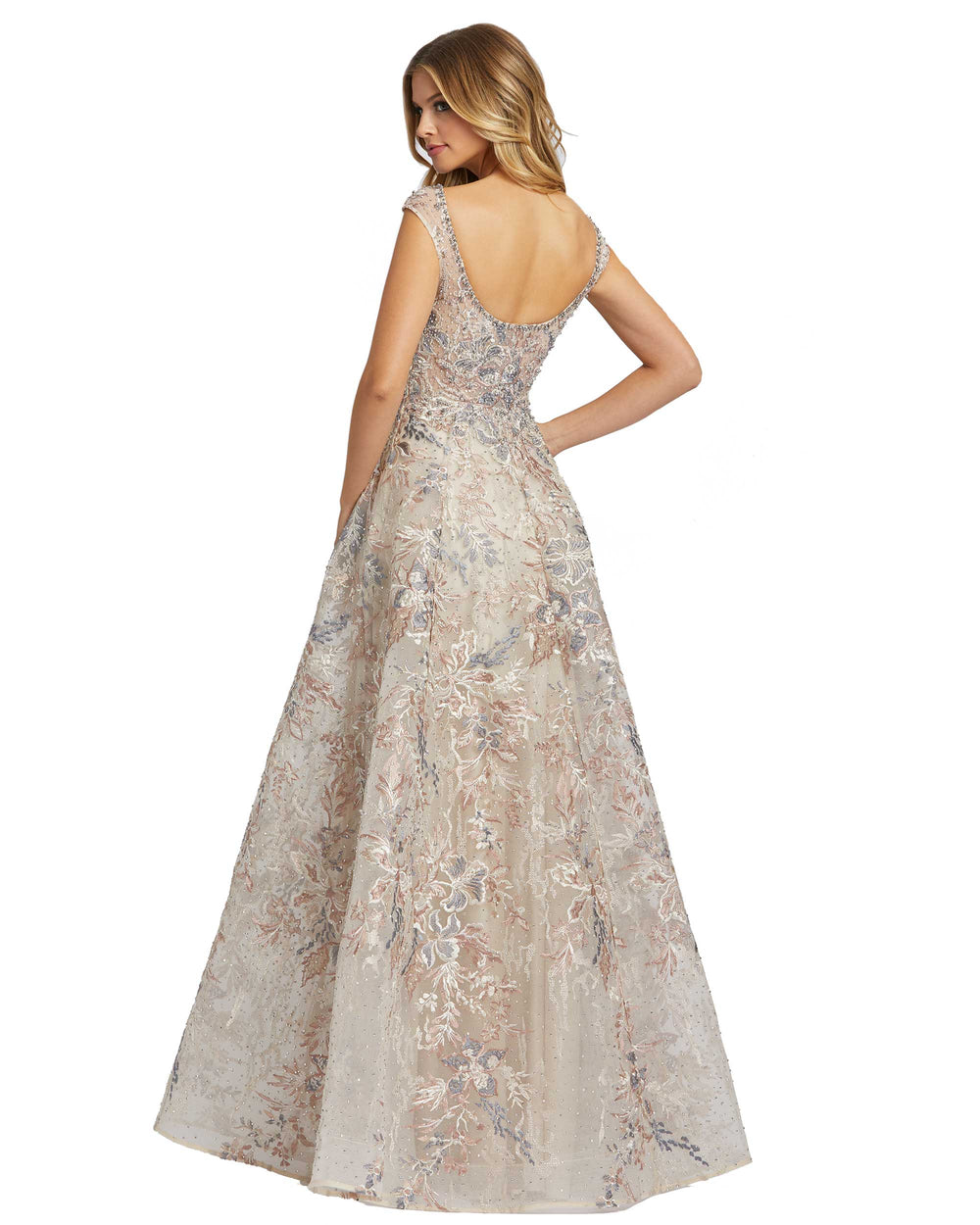 Embroidered Bateau Cap Sleeve A Line Gown - FOSTANI