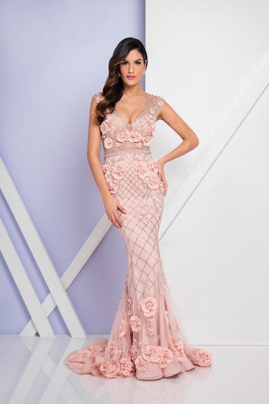TERANI COUTURE - 1722GL4488 BEADED FLORAL APPLIQUE EVENING DRESS - FOSTANI